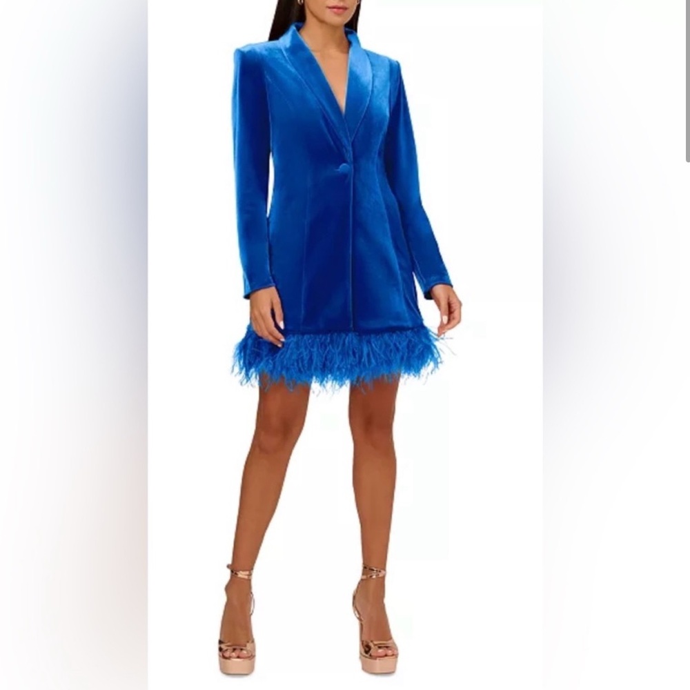 Aidan by Adriana Papell blue velvet feather trim blazer dress